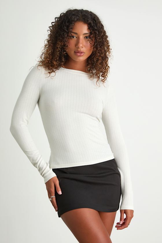Essential Fit White Ribbed Knit Long Sleeve Top