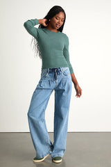 Essential Fit Heather Green Ribbed Knit Long Sleeve Top