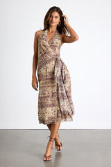 Francine Beige Multi Boho Print Halter Midi Dress