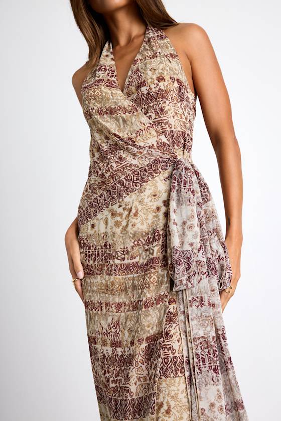 Francine Beige Multi Boho Print Halter Midi Dress