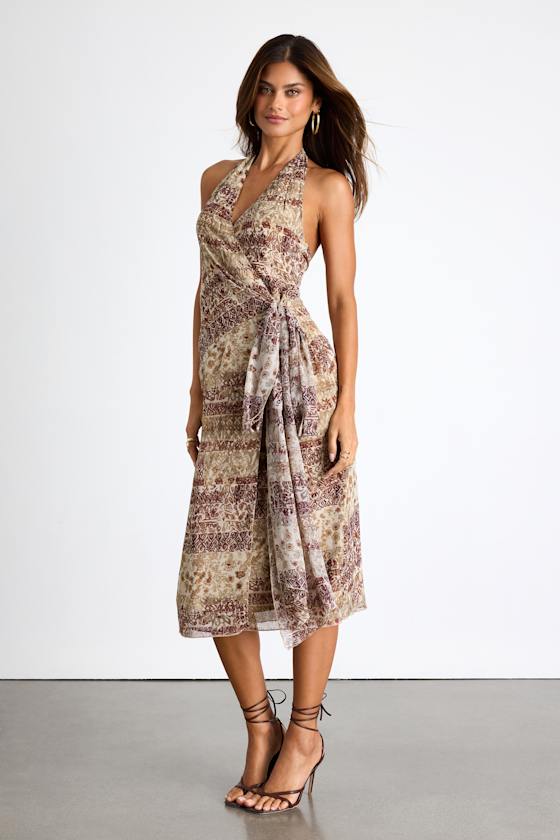Francine Beige Multi Boho Print Halter Midi Dress