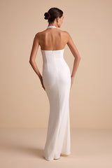 Iridessa White Mixed Media Halter Mermaid Maxi Dress