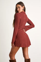 Marcella Rust Red Jacquard Button-Front Mini Dress