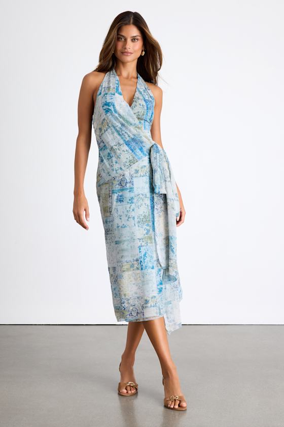 Francine Light Blue Multi Boho Print Halter Midi Dress