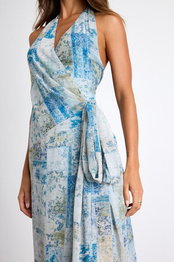 Francine Light Blue Multi Boho Print Halter Midi Dress