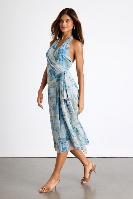 Francine Light Blue Multi Boho Print Halter Midi Dress