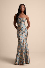 Gowning Around Slate Blue Floral Jacquard Strapless Maxi Dress