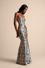 Gowning Around Slate Blue Floral Jacquard Strapless Maxi Dress