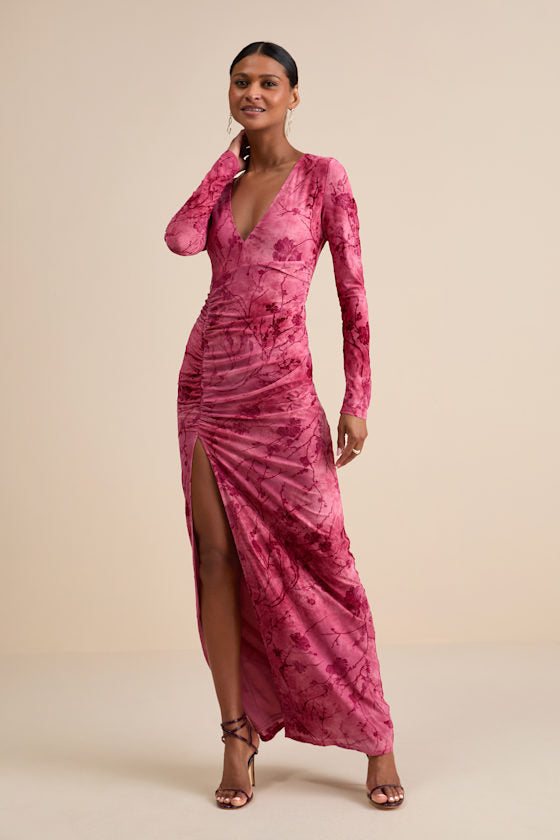 Dynamic Sensation Pink Floral Velvet Burnout Maxi Dress