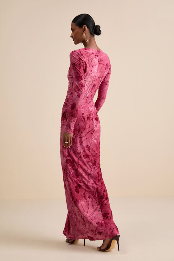 Dynamic Sensation Pink Floral Velvet Burnout Maxi Dress