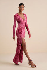 Dynamic Sensation Pink Floral Velvet Burnout Maxi Dress