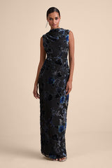 Composed Glamour Blue and Black Floral Burnout Velvet Maxi Dress