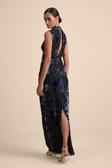 Composed Glamour Blue and Black Floral Burnout Velvet Maxi Dress