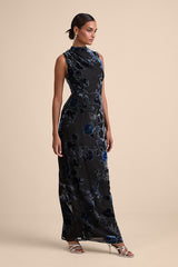 Composed Glamour Blue and Black Floral Burnout Velvet Maxi Dress