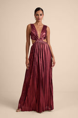 Shining Luxury Wine Red Metallic Lurex Cutout Maxi Dress