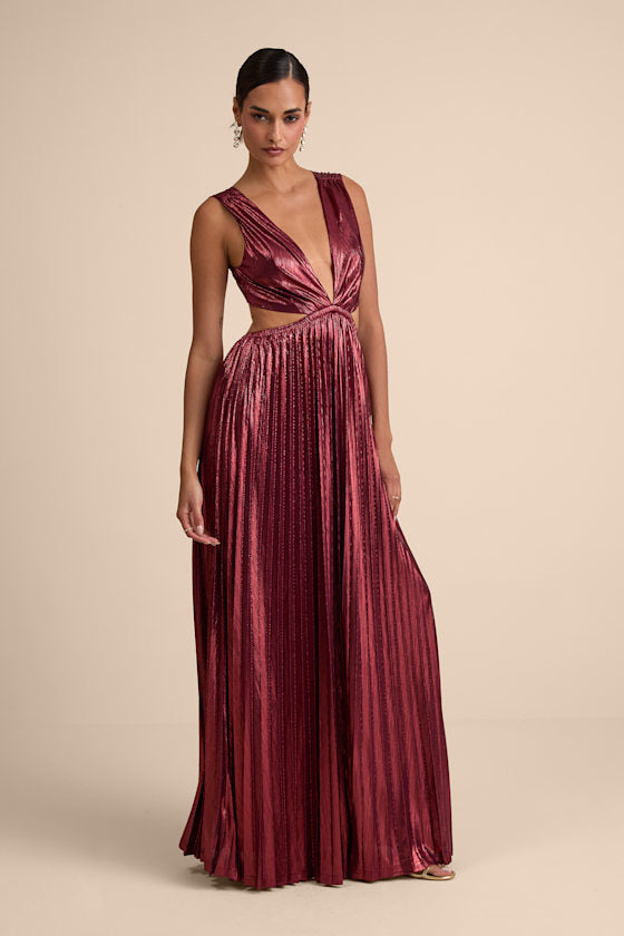 Shining Luxury Wine Red Metallic Lurex Cutout Maxi Dress