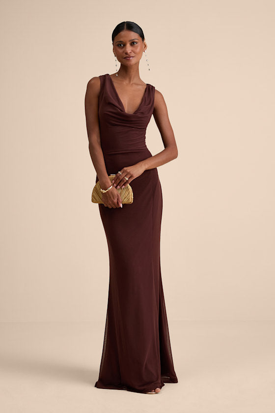 Stunning Mystery Brown Mesh Cowl Back Mermaid Maxi Dress
