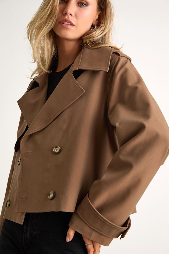 Donley Light Brown Double-Breasted Cropped Trench Coat