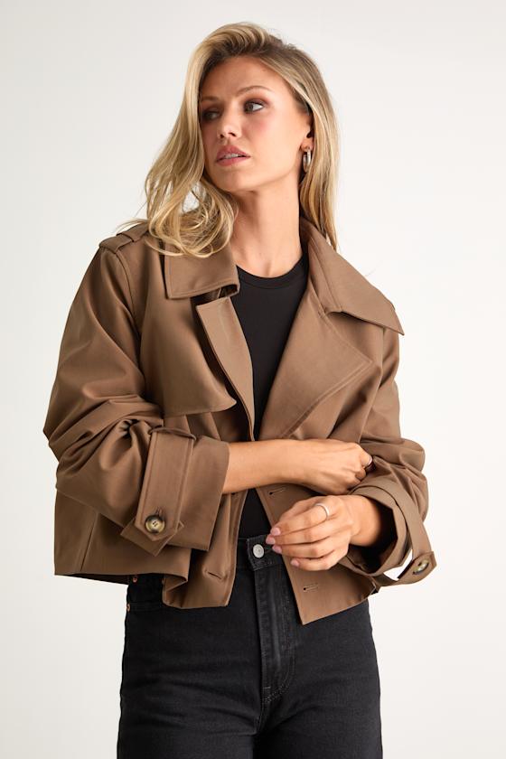 Donley Light Brown Double-Breasted Cropped Trench Coat
