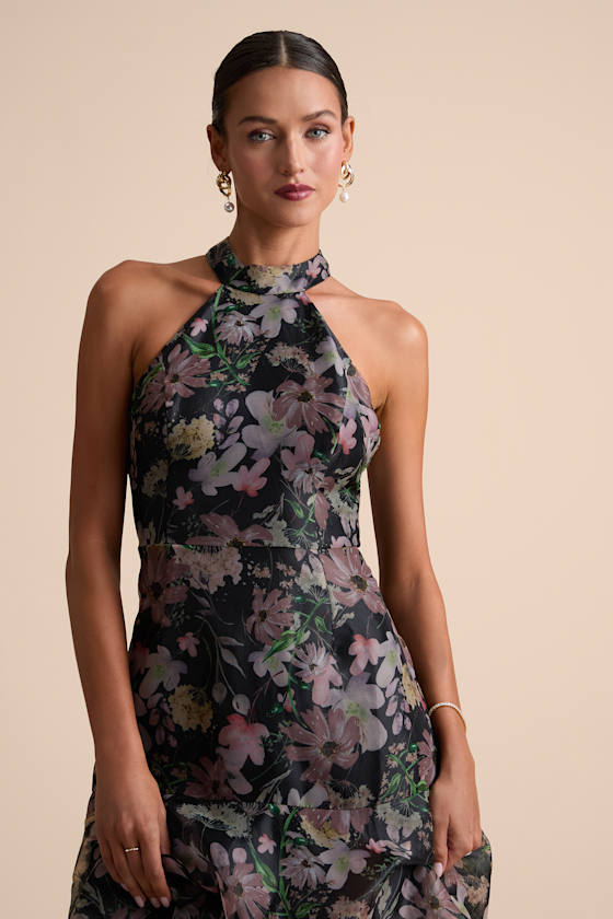 Forever Exceptional Black Floral Halter Organza Maxi Dress