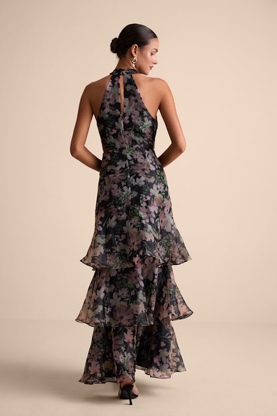 Forever Exceptional Black Floral Halter Organza Maxi Dress