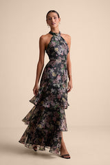 Forever Exceptional Black Floral Halter Organza Maxi Dress