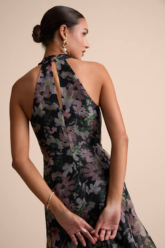 Forever Exceptional Black Floral Halter Organza Maxi Dress
