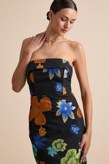 Wesson Black Floral Jacquard Lace-Up Strapless Midi Dress