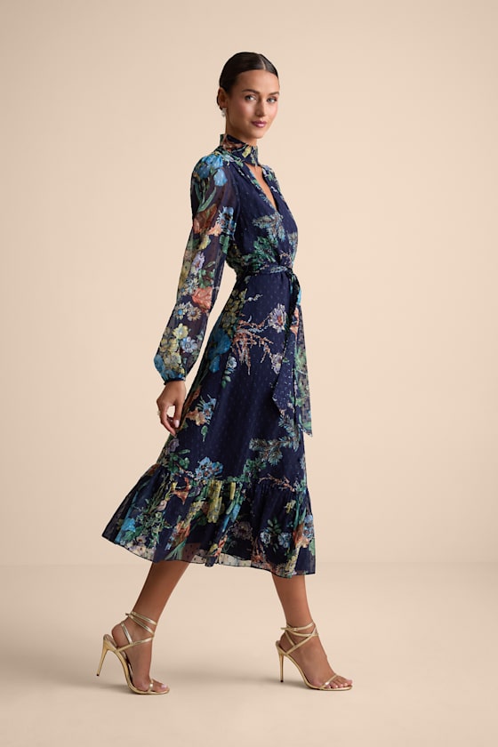 Fallyn Navy Floral Swiss Dot Long Sleeve Midi Dress