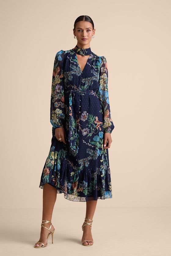 Fallyn Navy Floral Swiss Dot Long Sleeve Midi Dress