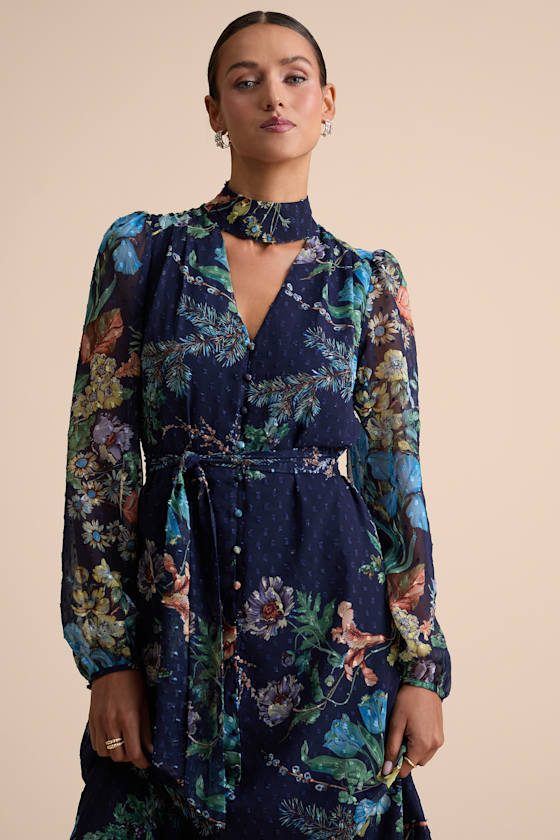 Fallyn Navy Floral Swiss Dot Long Sleeve Midi Dress