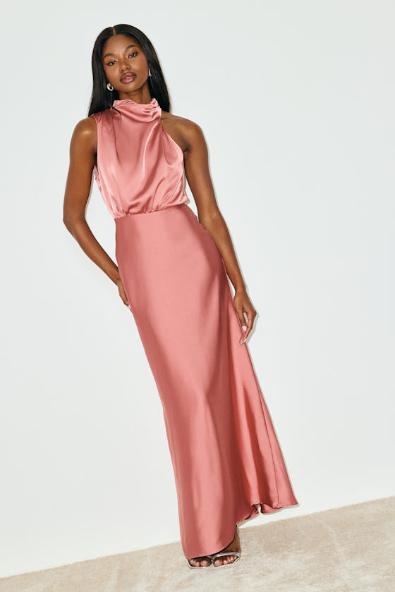 Distinctive Charm Rose Pink Satin Asymmetrical Maxi Dress