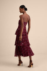 Hadelyn Wine Red Floral Pleated Tiered Midi Dress