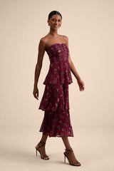 Hadelyn Wine Red Floral Pleated Tiered Midi Dress