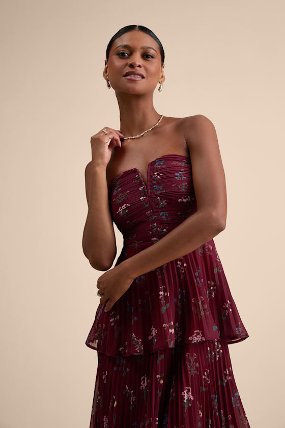 Hadelyn Wine Red Floral Pleated Tiered Midi Dress