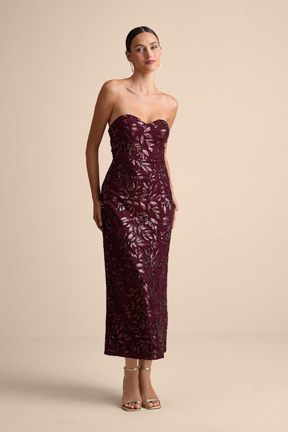 Beyza Burgundy Sequin Beaded Strapless Midi Dress