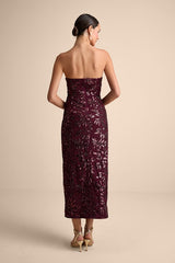 Beyza Burgundy Sequin Beaded Strapless Midi Dress
