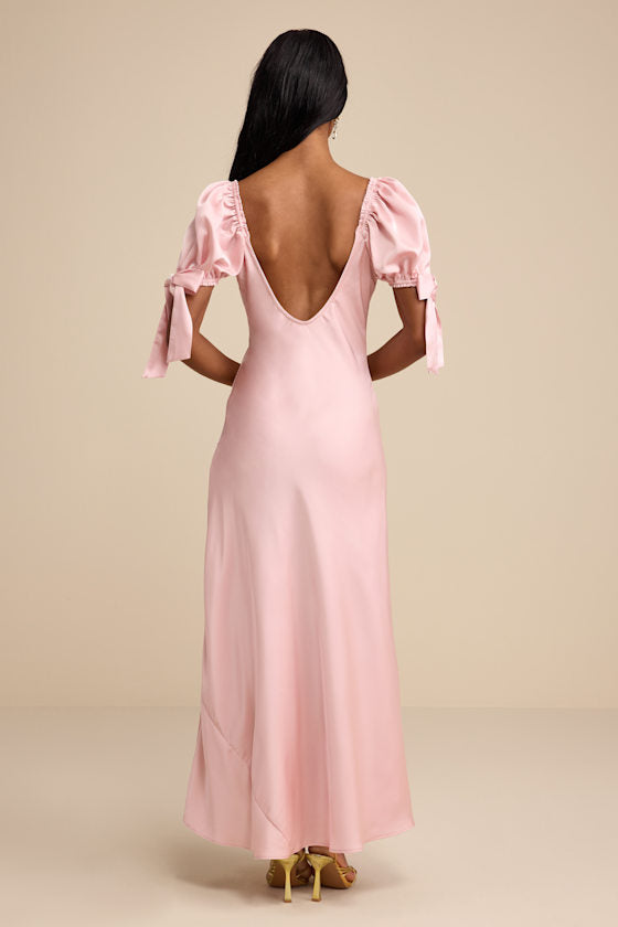 Santa Marta Blush Pink Satin Puff Sleeve Bow Maxi Dress