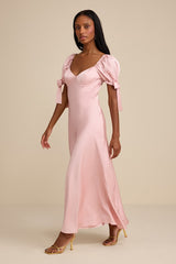 Santa Marta Blush Pink Satin Puff Sleeve Bow Maxi Dress