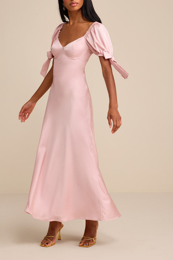 Santa Marta Blush Pink Satin Puff Sleeve Bow Maxi Dress