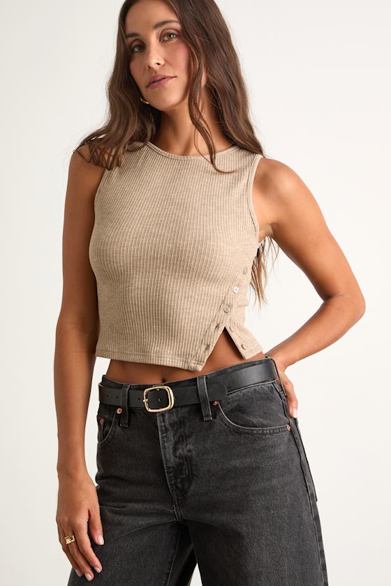 Michayla Taupe Ribbed Knit Side-Button Tank Top