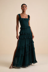 Compelling Romantic Dark Green Ruffled Tiered Maxi Dress