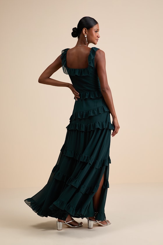 Compelling Romantic Dark Green Ruffled Tiered Maxi Dress
