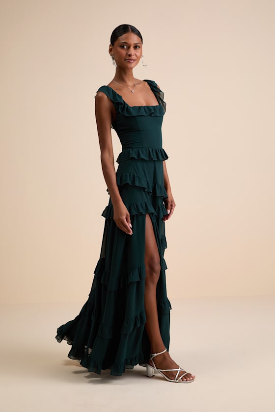 Compelling Romantic Dark Green Ruffled Tiered Maxi Dress