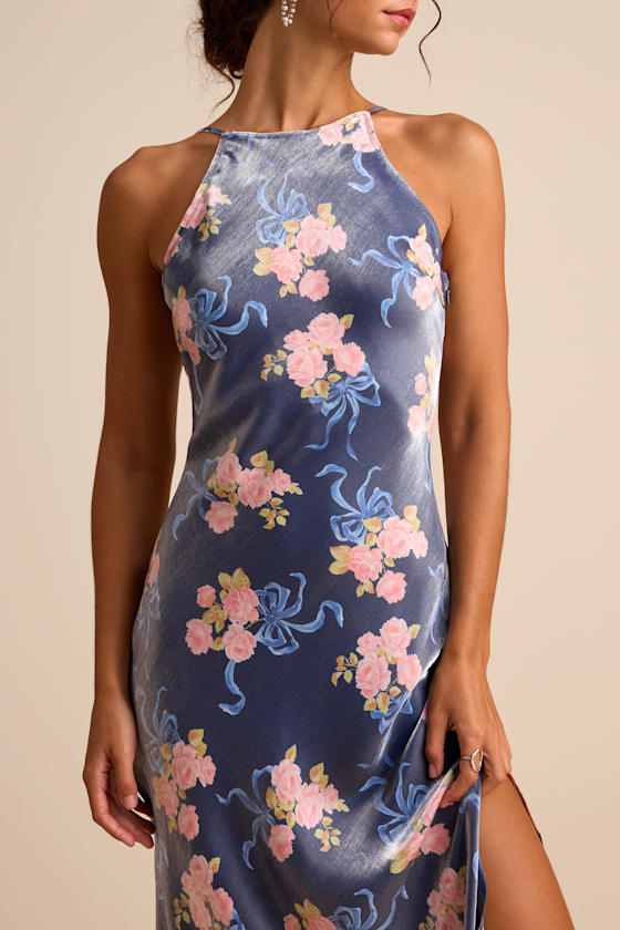 Mannon Slate Blue Floral and Bow Print Backless Maxi Dress