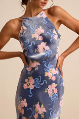 Mannon Slate Blue Floral and Bow Print Backless Maxi Dress