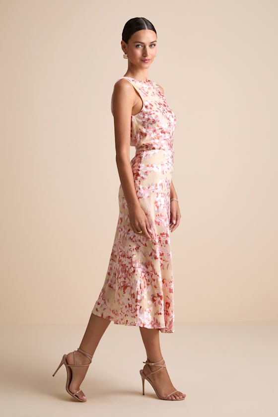Tarice Beige Floral Jacquard Cowl Back Midi Dress