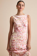 Tarice Beige Floral Jacquard Cowl Back Midi Dress