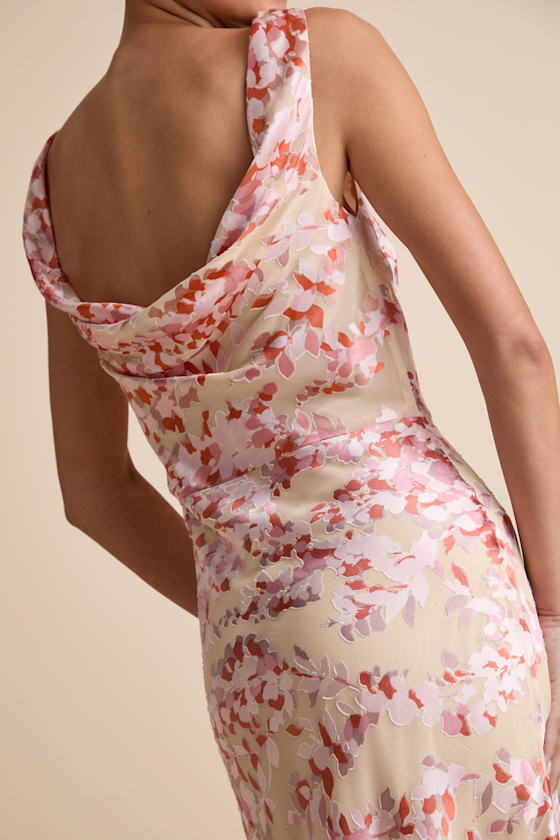 Tarice Beige Floral Jacquard Cowl Back Midi Dress