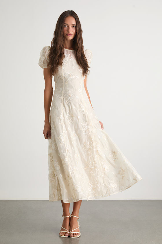 Elfrieda Cream Floral Embroidered Puff Sleeve Midi Dress